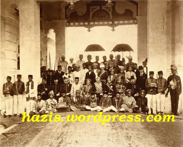 First Durbar (Conference of Rulers) held at Kuala Kangsar, Malaya (now Malaysia) in 1897. Seated, left to right Hugh Clifford (Resident of Pahang), J.P. Rodger (Resident of Selangor), Sir Frank Swettenham (Resident